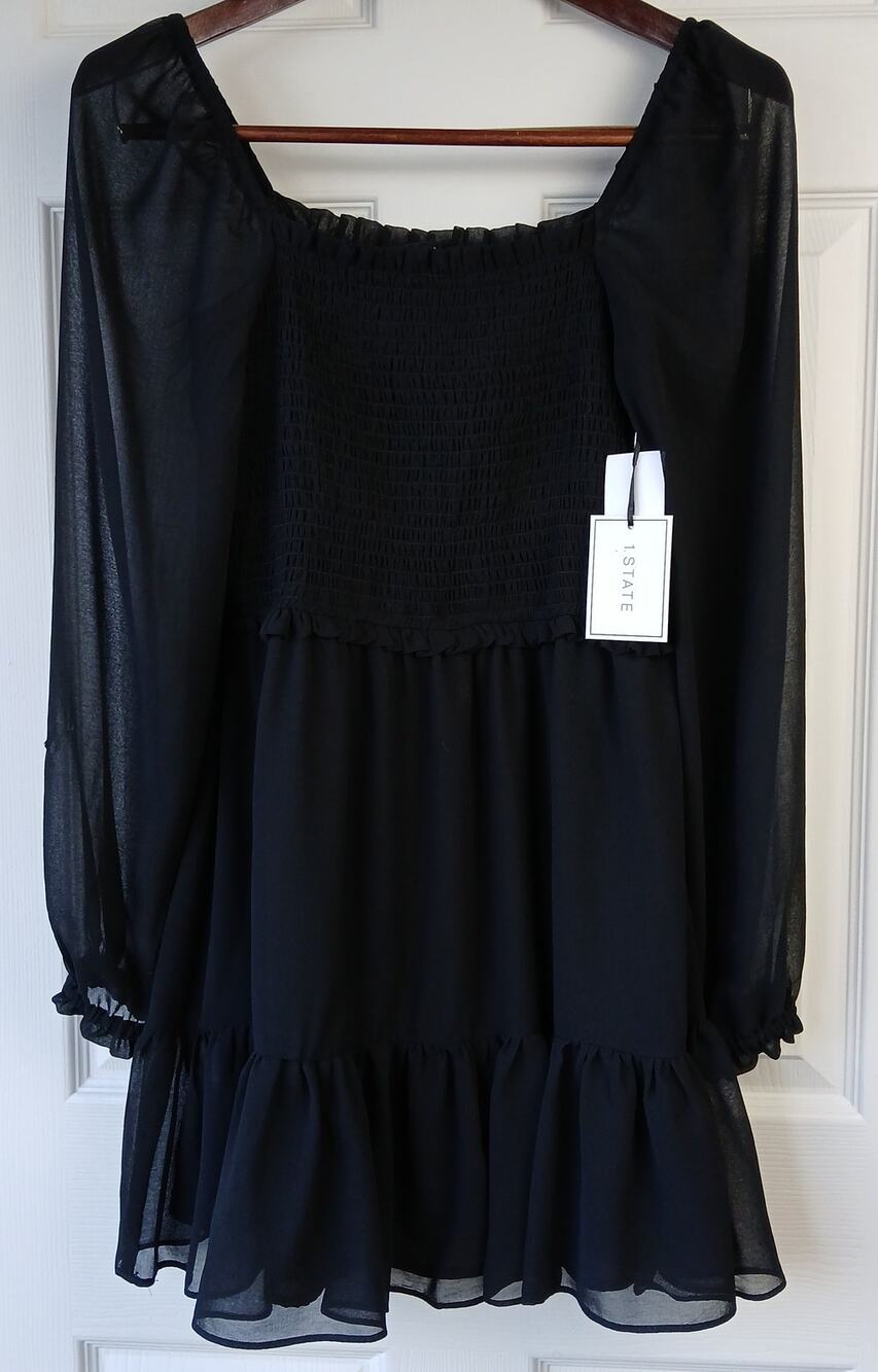 1.State Smocked Ruffle Hem Long Sleeve Mini Dress S damaged NOS black chiffon